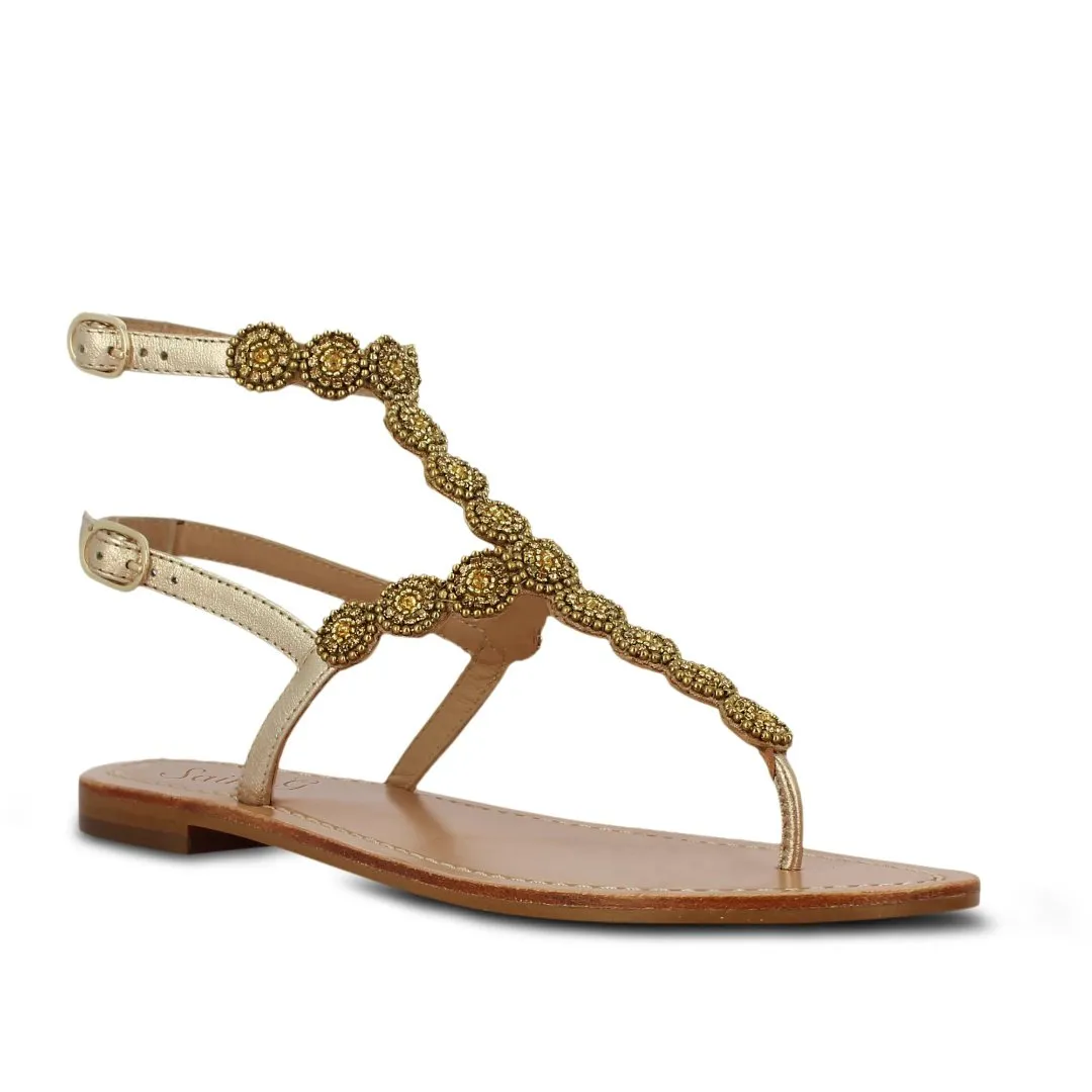 Saint Azzurra Metallic Platin Leather With Hand Embroidery Sandals