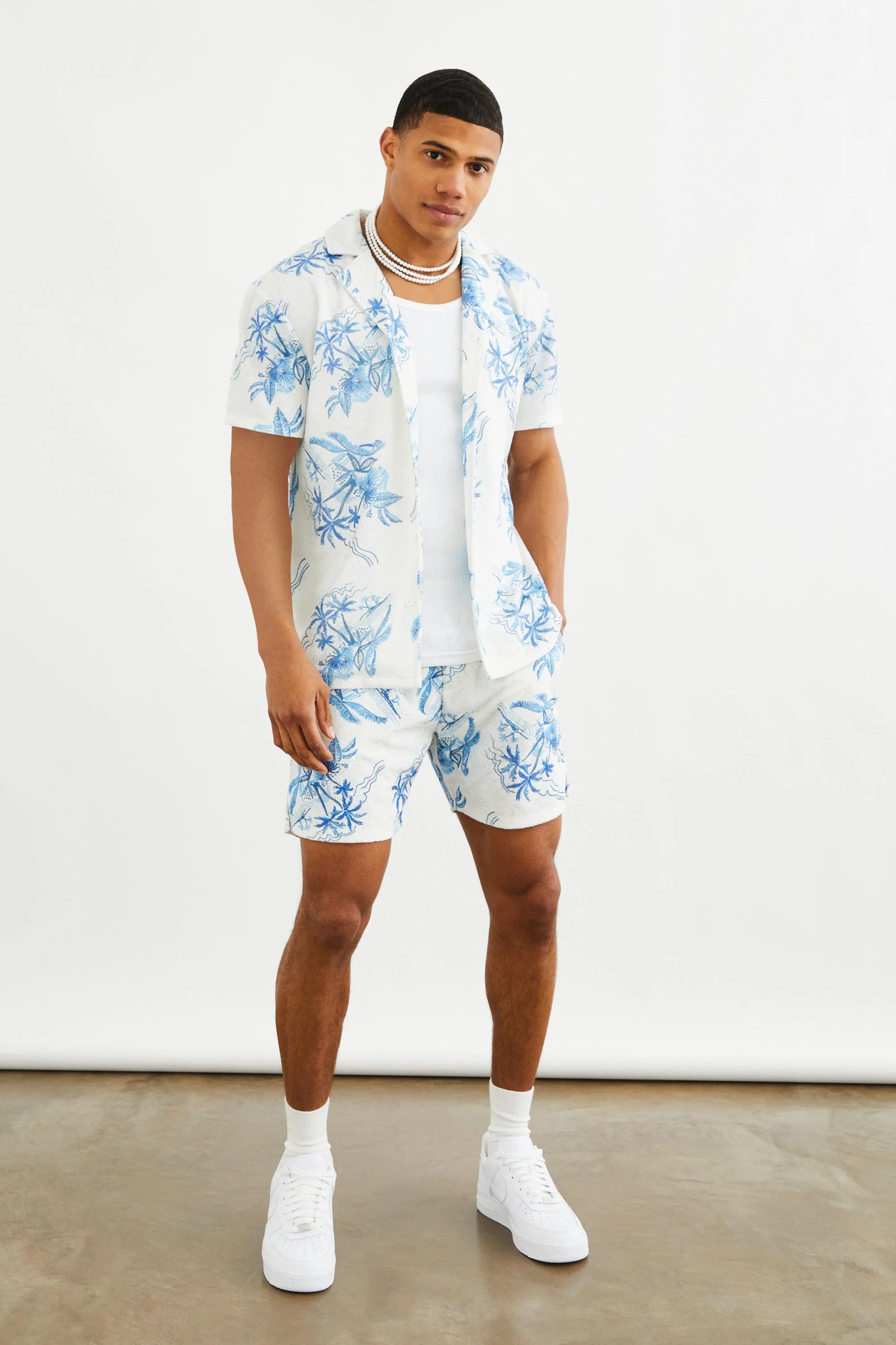 Short Sleeve Towelling Shirt And Short Set | boohooMAN UK