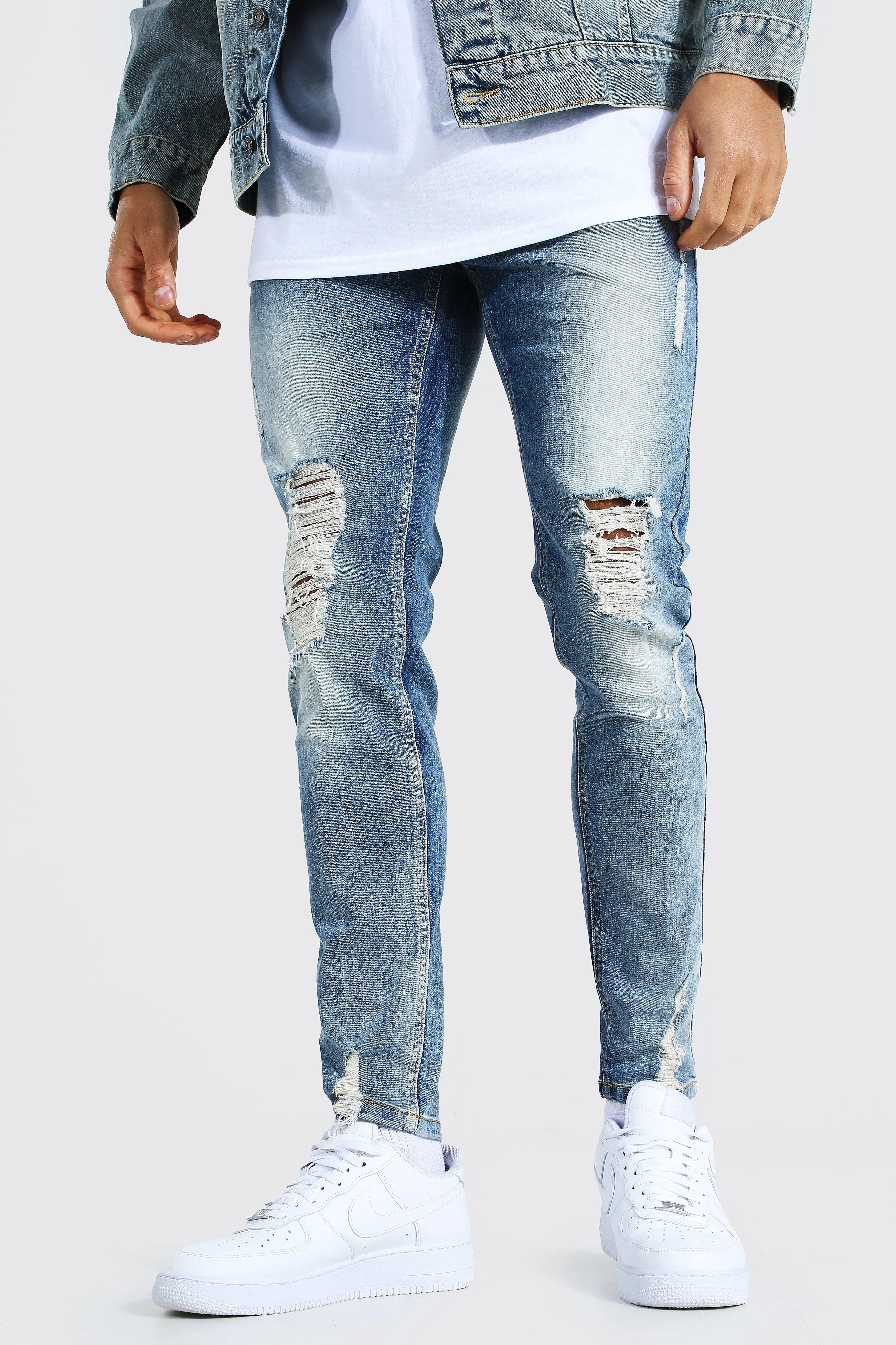 Skinny Stretch Knee Rip Distressed Hem Jeans