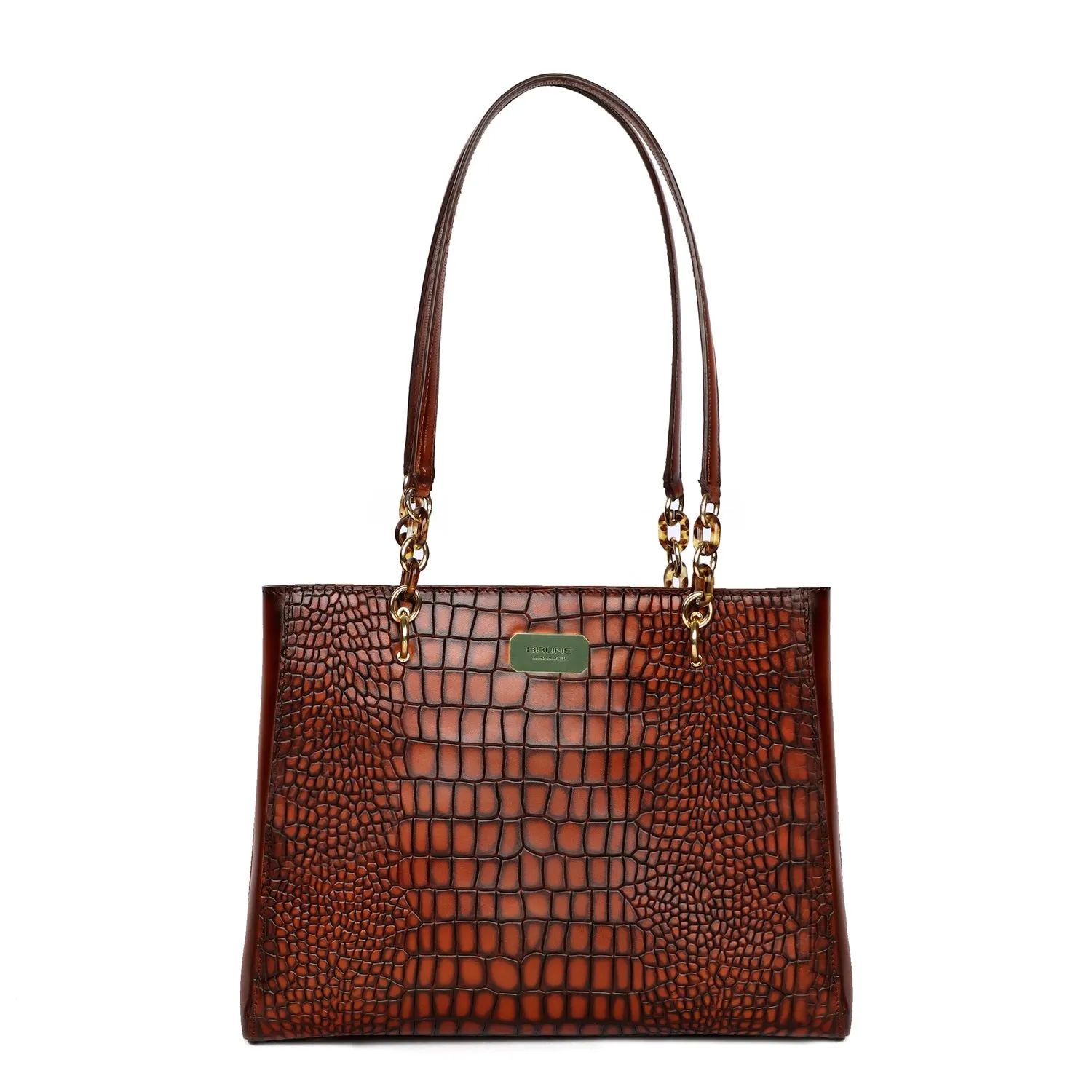 Smokey Tan Deep Cut Croco Leather Button Closure Hand Bag for Ladies by Brune & Bareskin