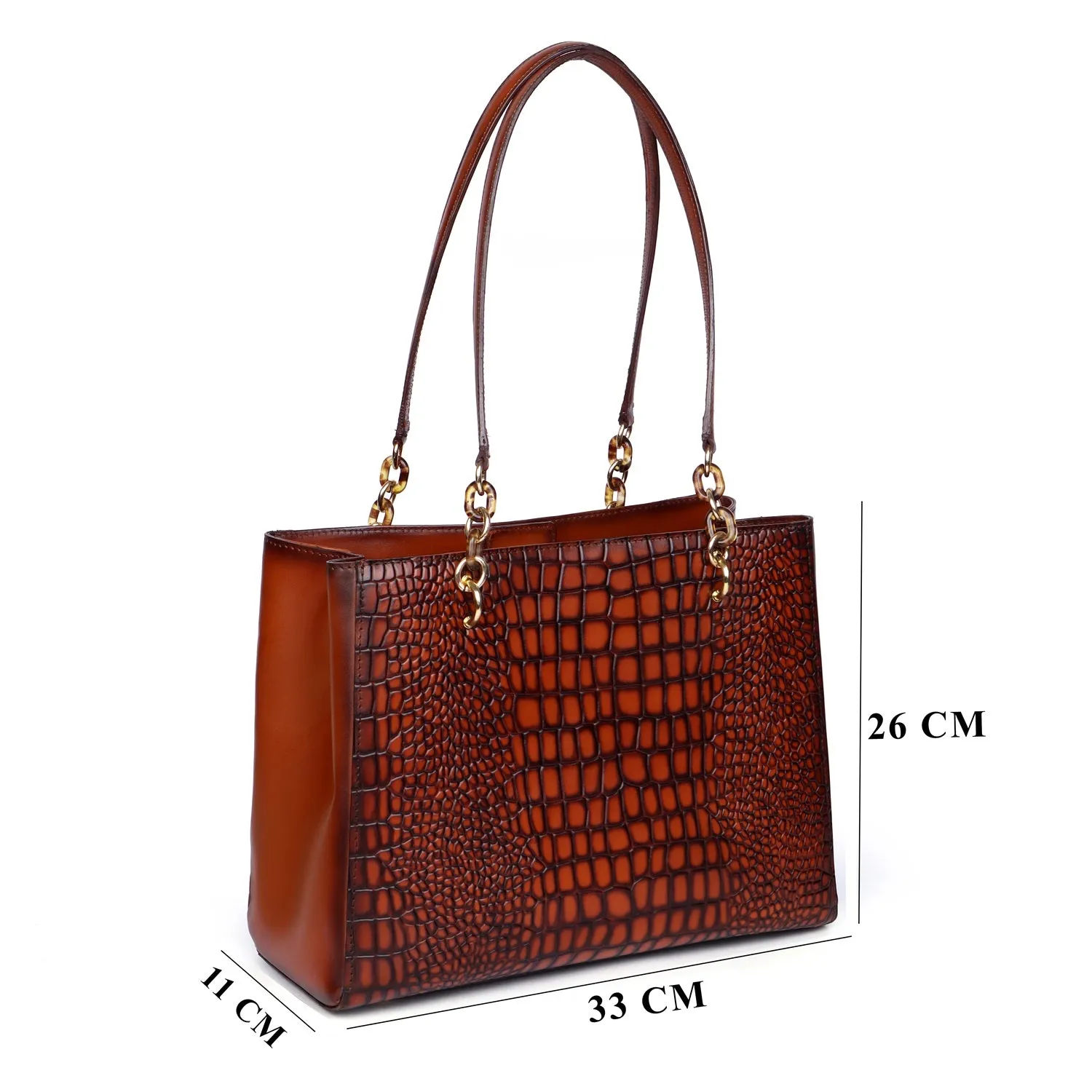 Smokey Tan Deep Cut Croco Leather Button Closure Hand Bag for Ladies by Brune & Bareskin