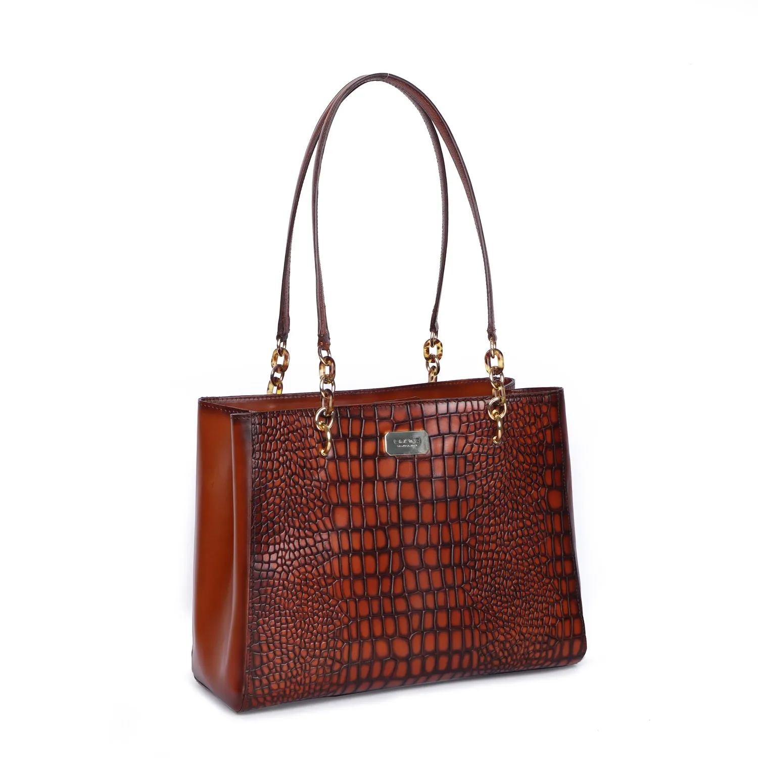 Smokey Tan Deep Cut Croco Leather Button Closure Hand Bag for Ladies by Brune & Bareskin