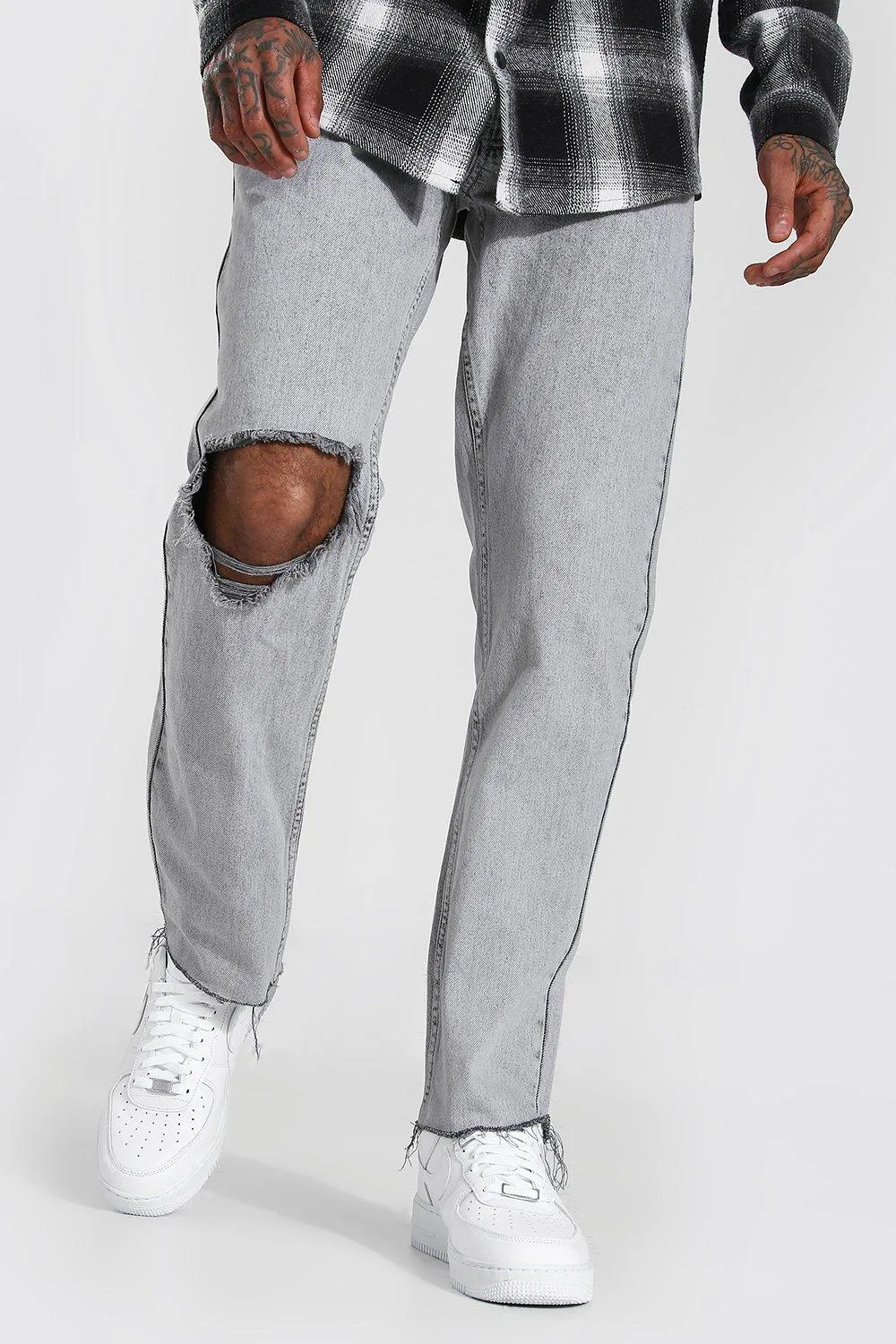 Straight Leg Exploded Knee Frayed Hem Jeans