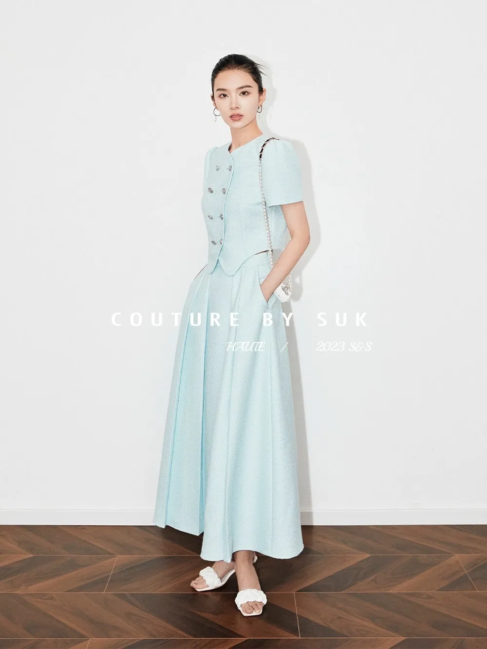 SUK Milan travel diary! Short fragrant style large swing umbrella skirt suit round neck women's puff sleeves high waist