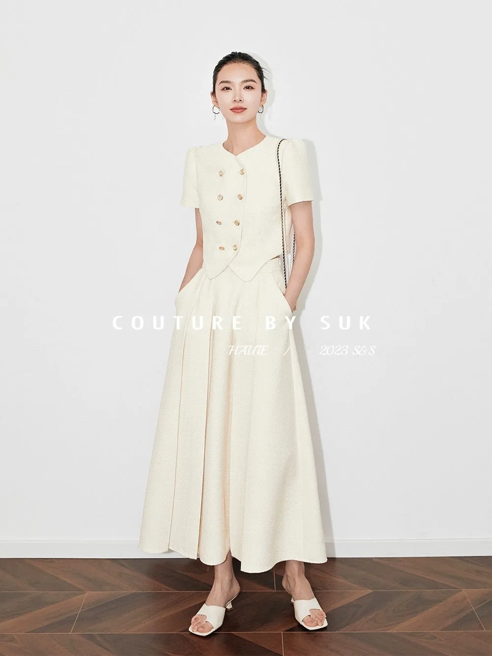 SUK Milan travel diary! Short fragrant style large swing umbrella skirt suit round neck women's puff sleeves high waist