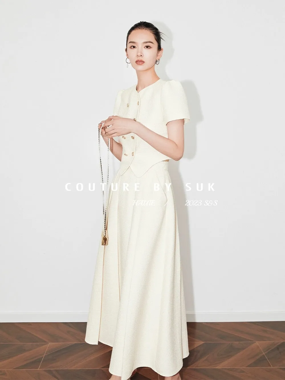 SUK Milan travel diary! Short fragrant style large swing umbrella skirt suit round neck women's puff sleeves high waist