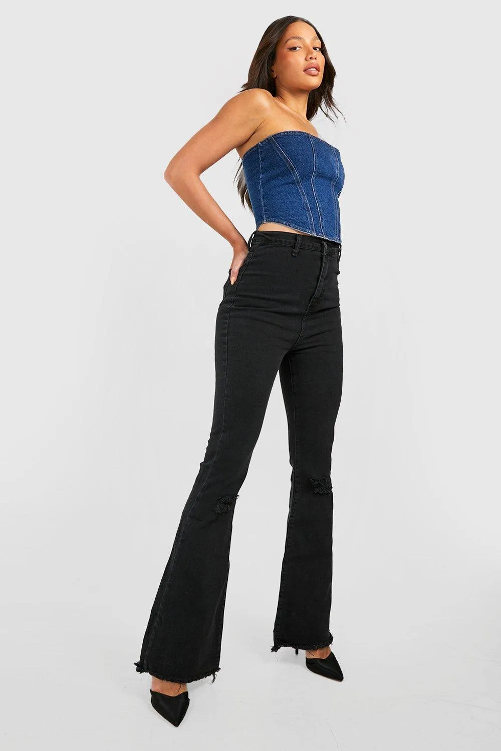 Tall High Waist Ripped Stretch Flare Jeans