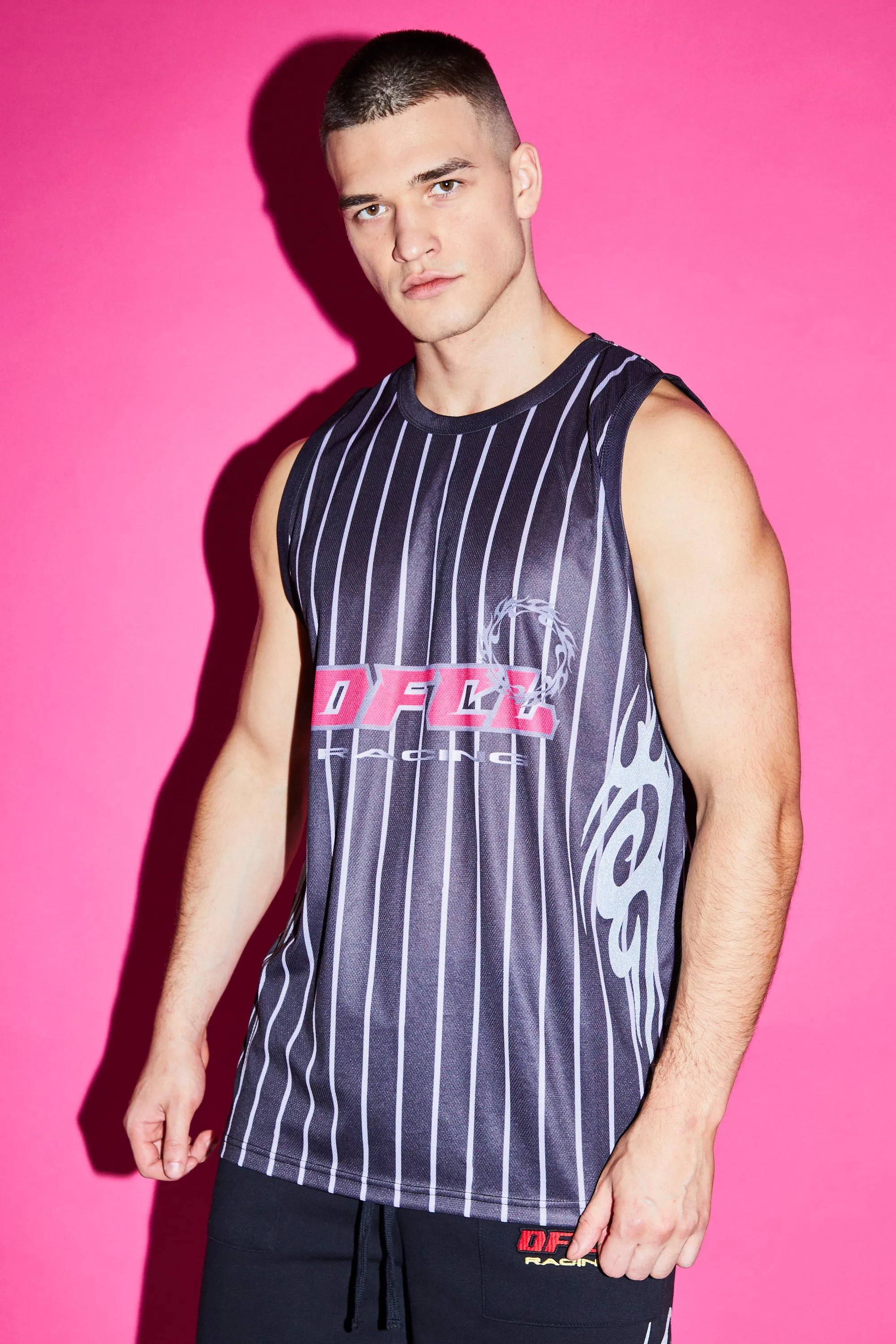 Tall Ofcl Pinstripe Mesh Basketball Vest | boohooMAN UK