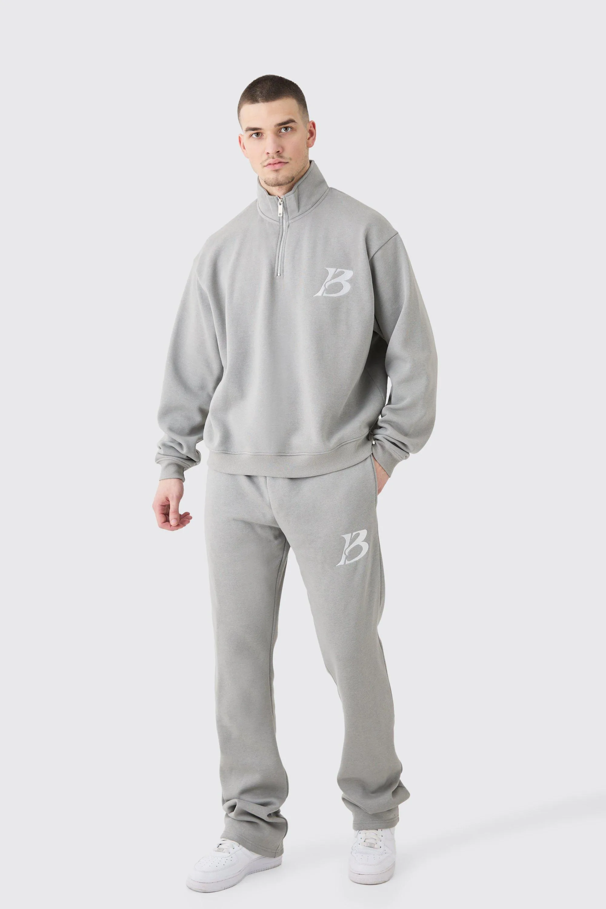 Tall Oversized Boxy B 1/4 Zip Stacked Tracksuit | boohooMAN UK