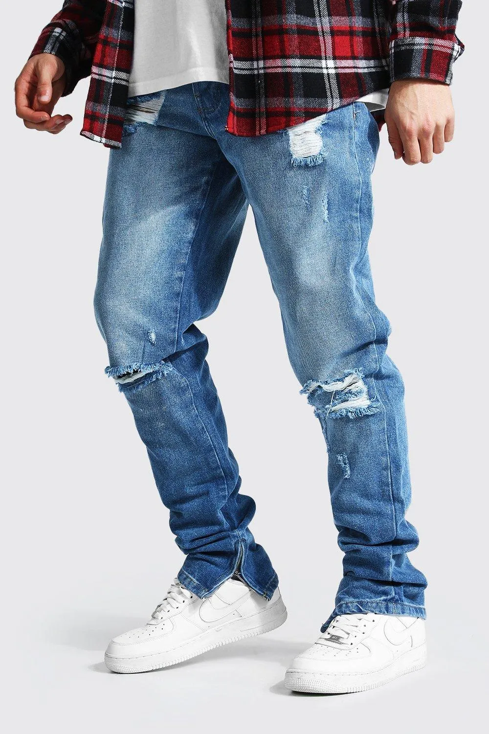 Tapered Rigid Stacked Leg Exploded Knee Jeans