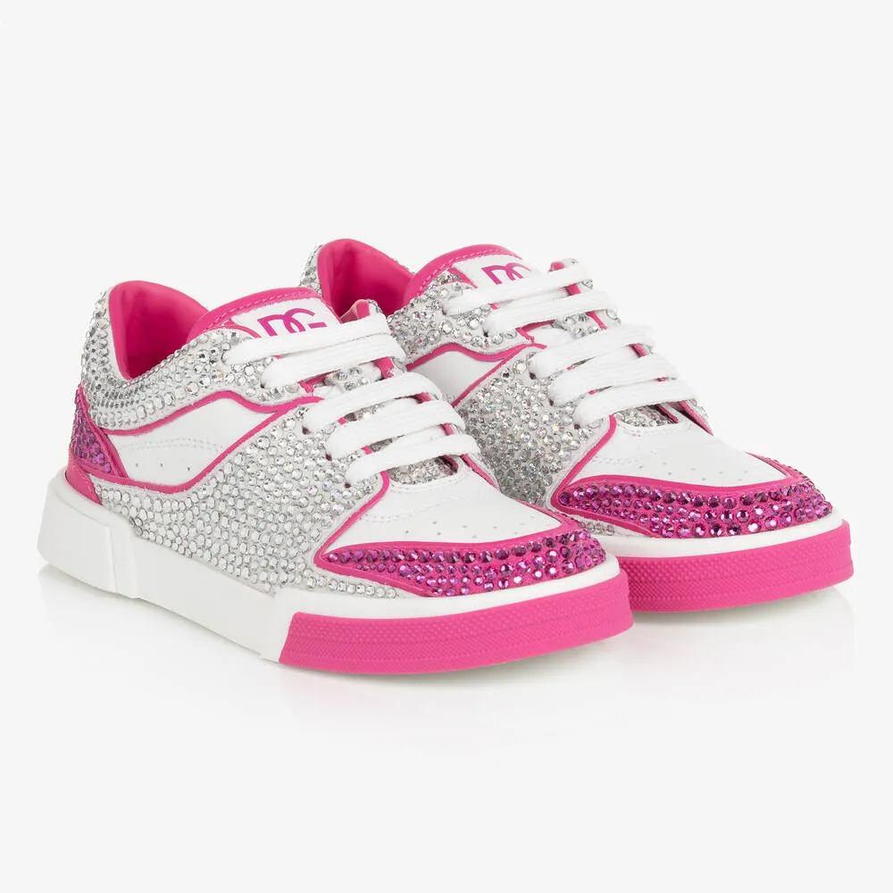 Teen Girls White & Pink Rhinestone Leather Trainers