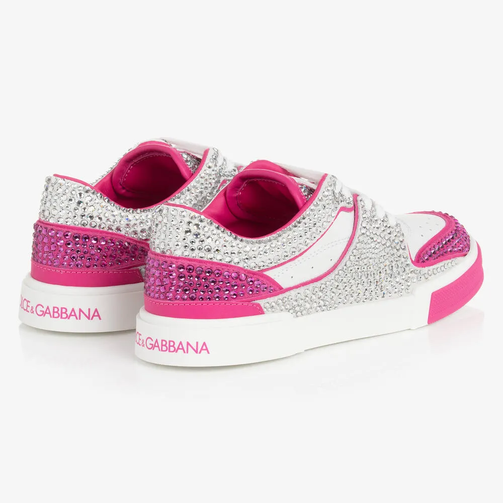 Teen Girls White & Pink Rhinestone Leather Trainers