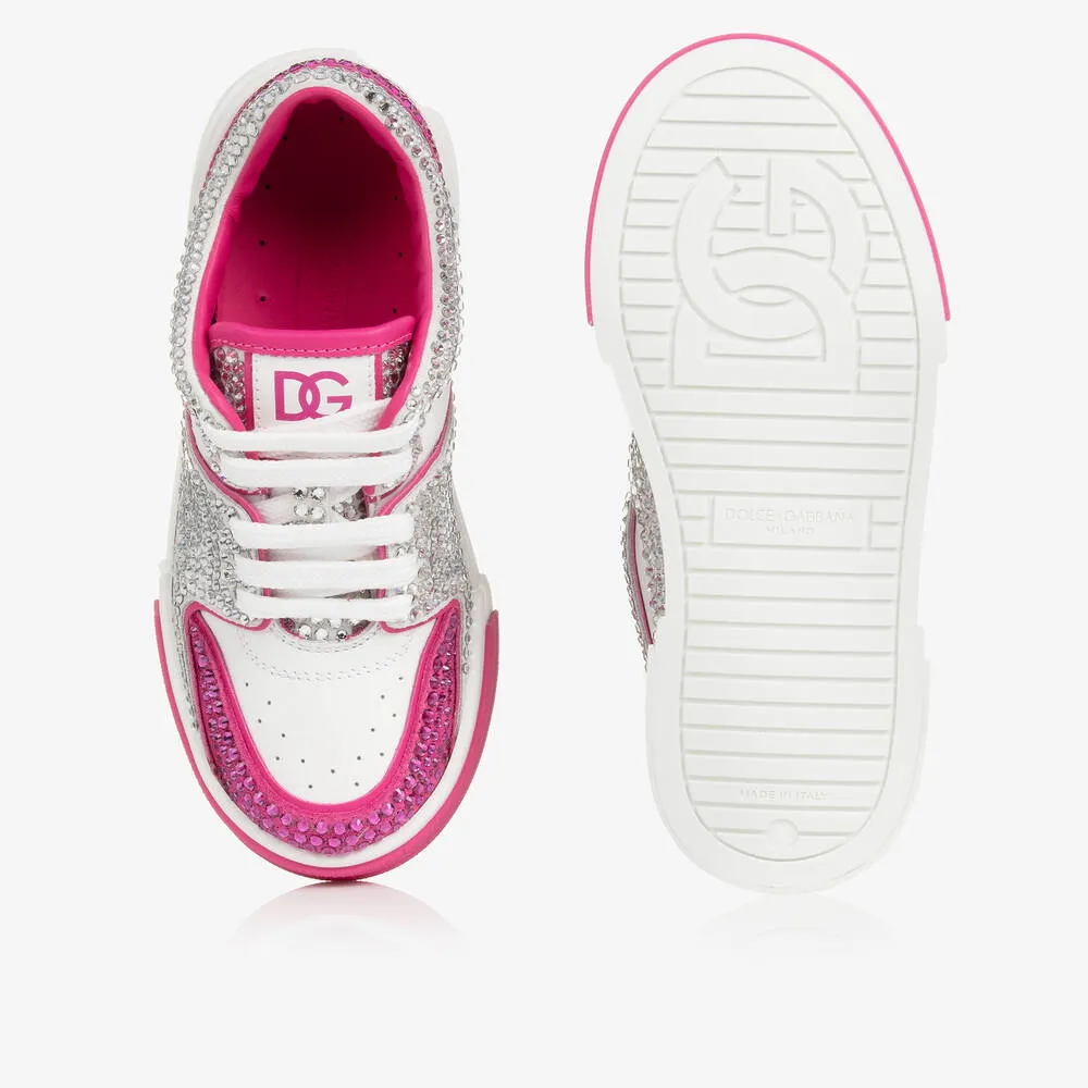 Teen Girls White & Pink Rhinestone Leather Trainers