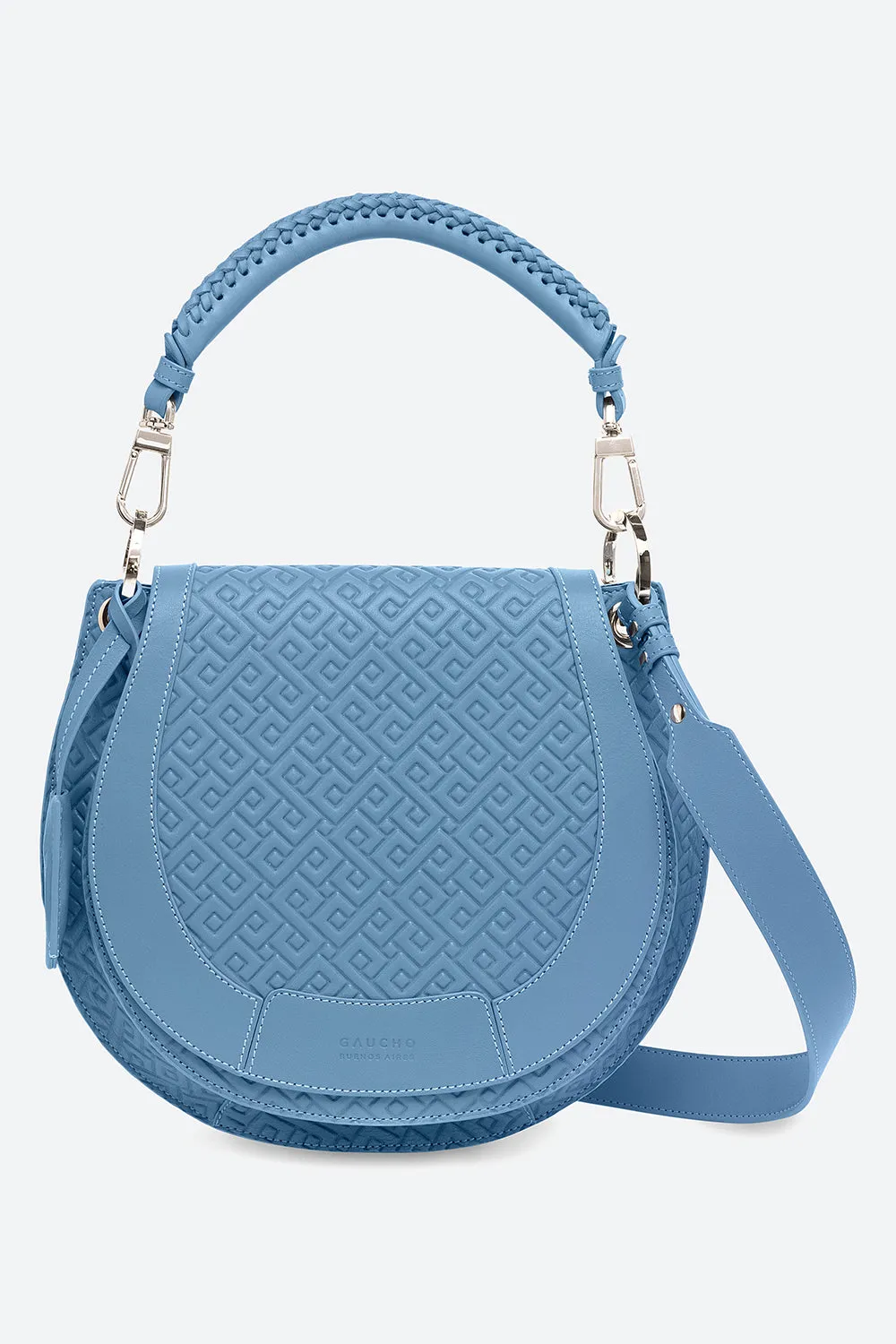 The Lucky Bag, Embossed Leather Saddle Bag in Sky Blue