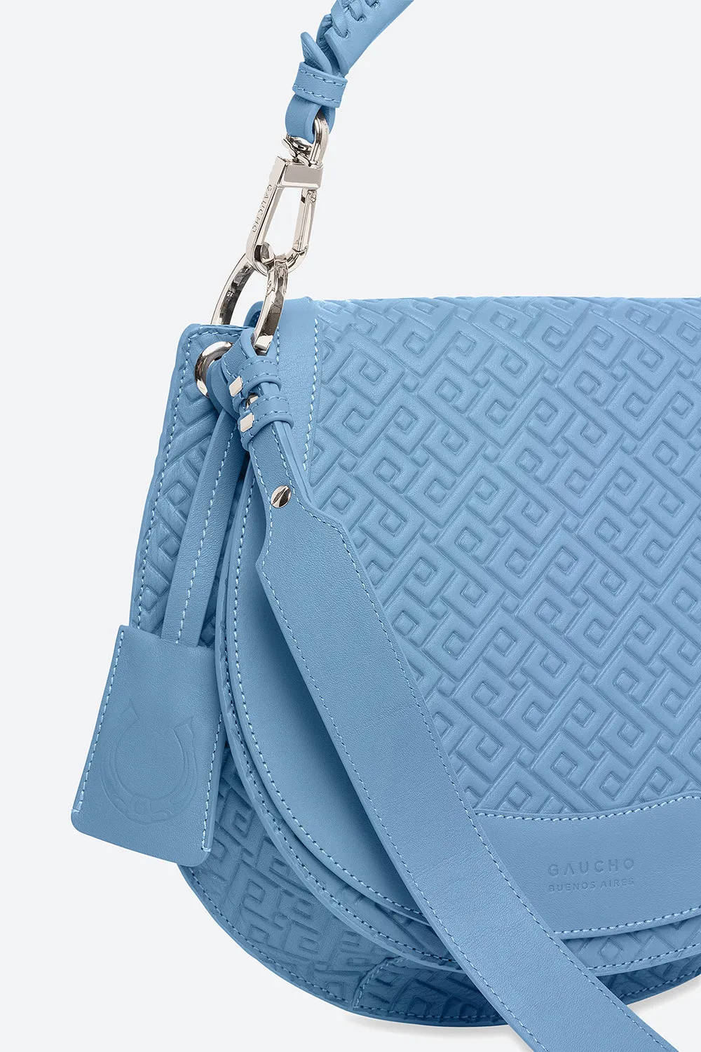 The Lucky Bag, Embossed Leather Saddle Bag in Sky Blue