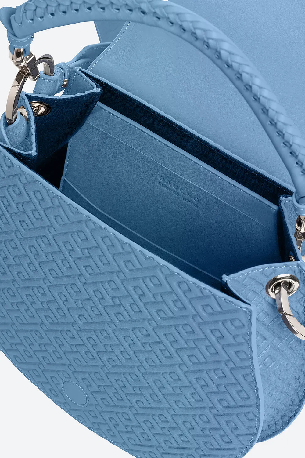 The Lucky Bag, Embossed Leather Saddle Bag in Sky Blue