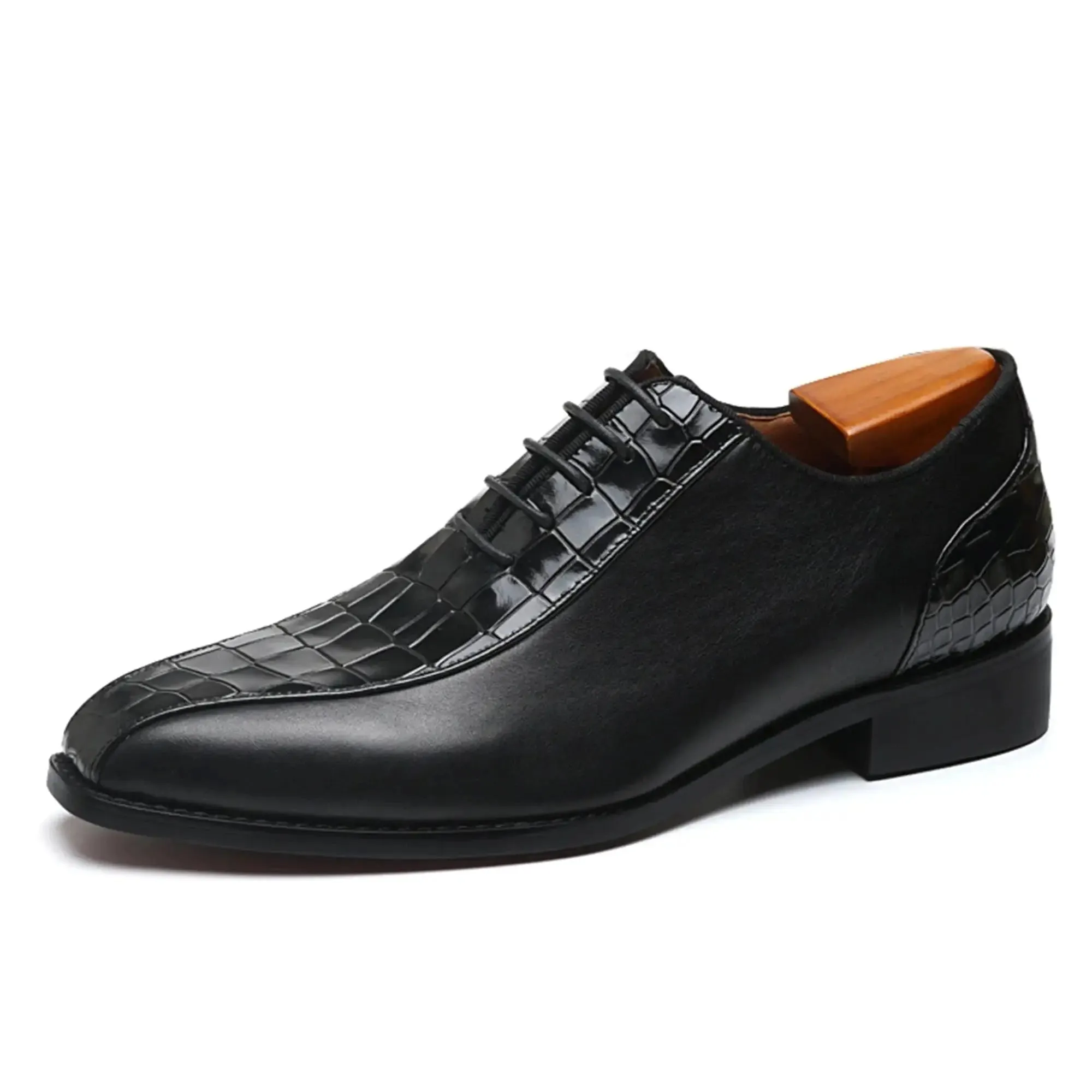 The Luxxor - Red bottom sole leather oxford dress shoes with half alligator print