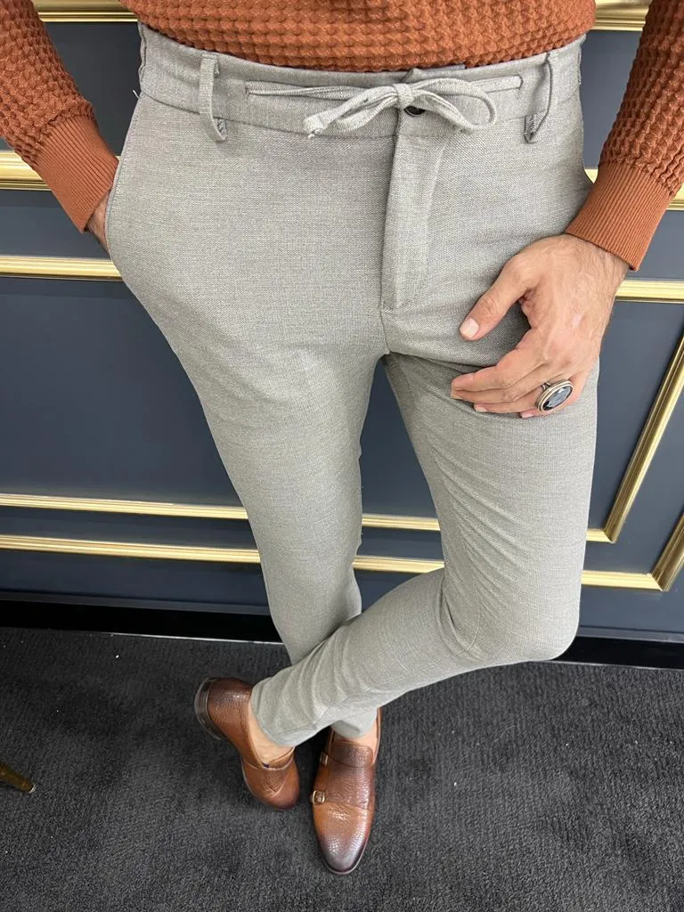 Thread Slim Fit Rope Detailed Dark Beige Trousers