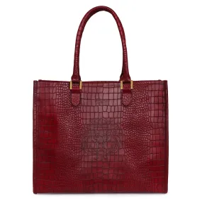 Wine Large Hand Bag in  Deep Cut Leather