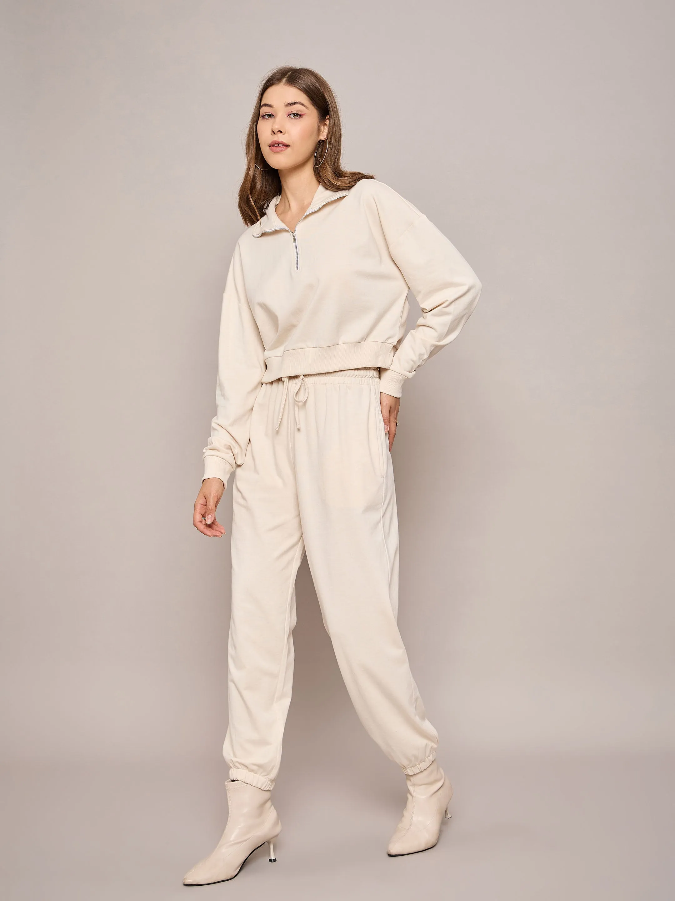 Women Off White Terry Oversized Zipper Sweatshirt With Baggy Joggers