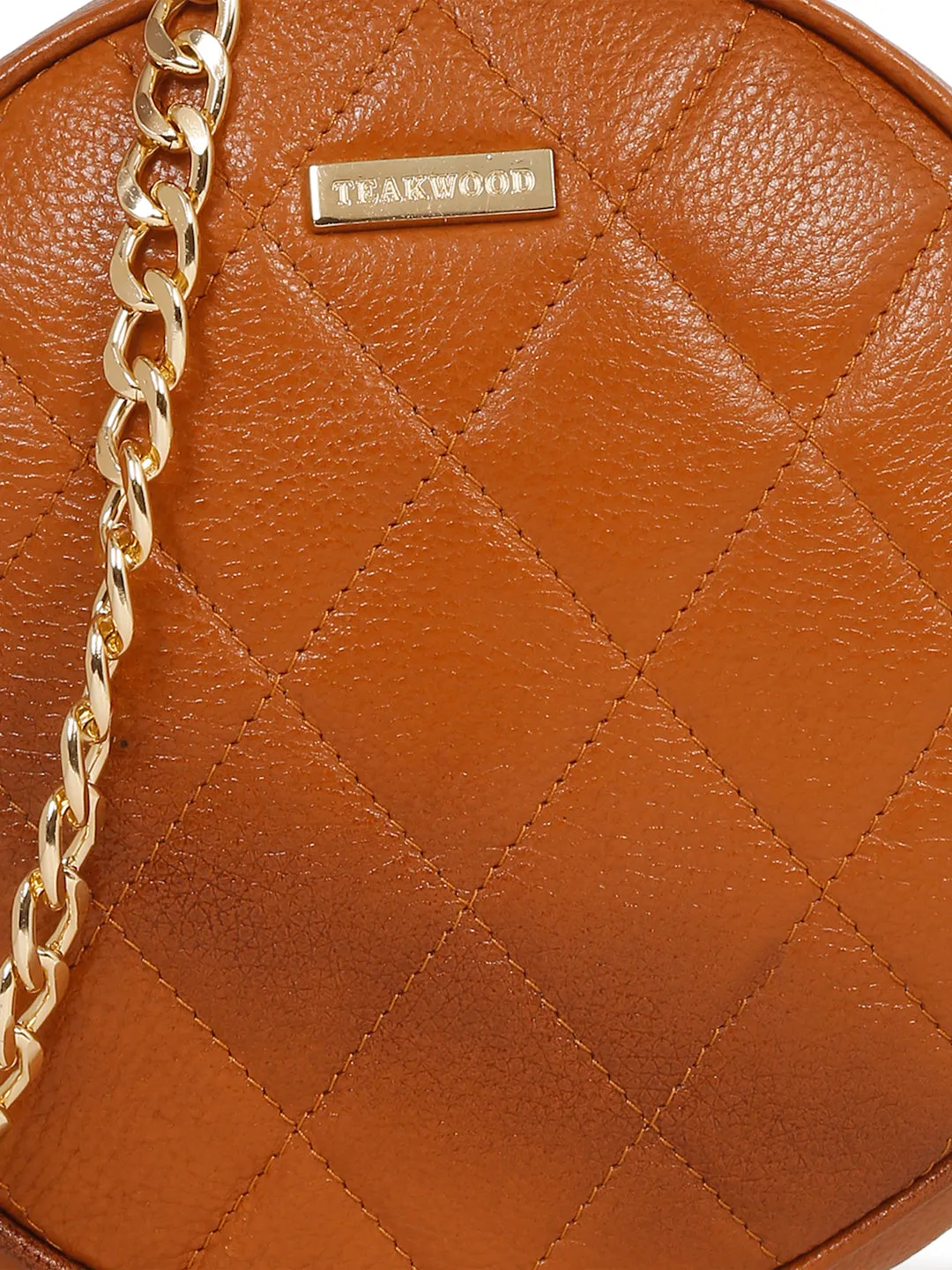 Women Round Tan Quilted Leather Sling Bag