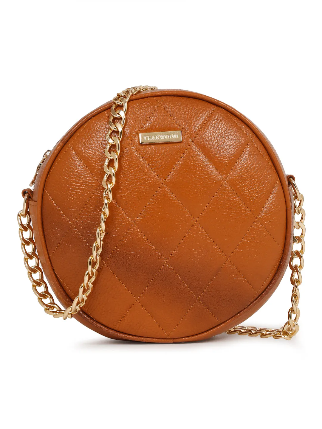 Women Round Tan Quilted Leather Sling Bag