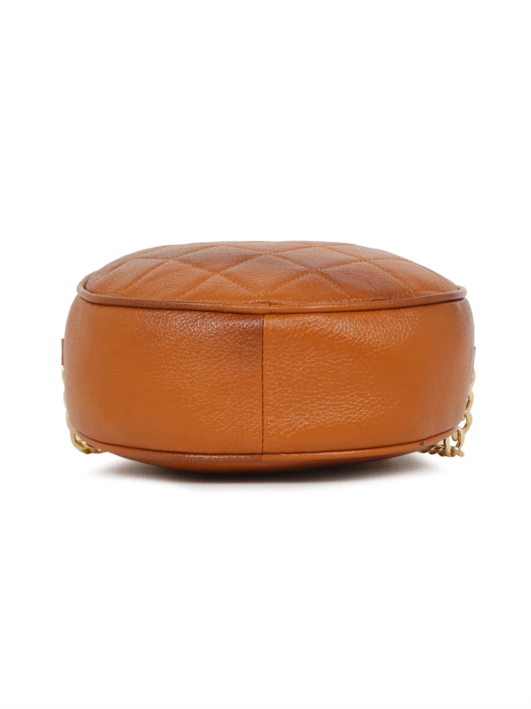 Women Round Tan Quilted Leather Sling Bag