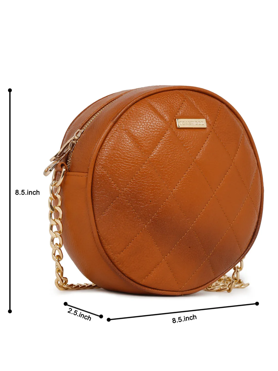 Women Round Tan Quilted Leather Sling Bag