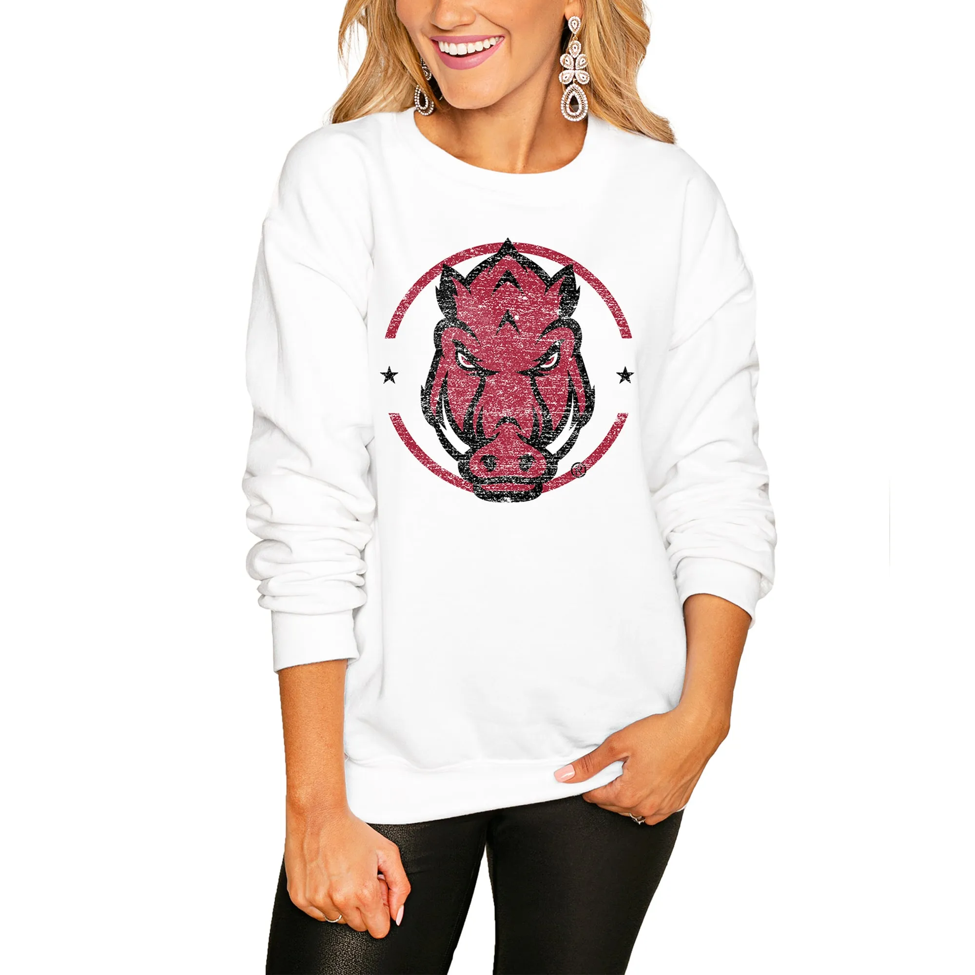 Women's White Arkansas Razorbacks End Zone Pullover Sweatshirt