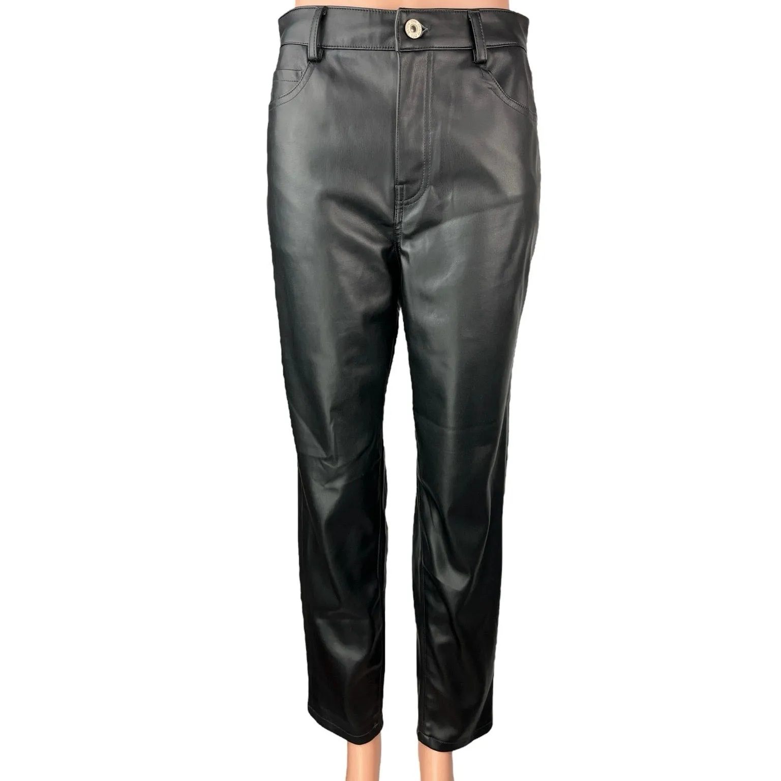 Zara Women's Black Faux Vegan Leather High Waist Straight Ankle Trousers Pants 4